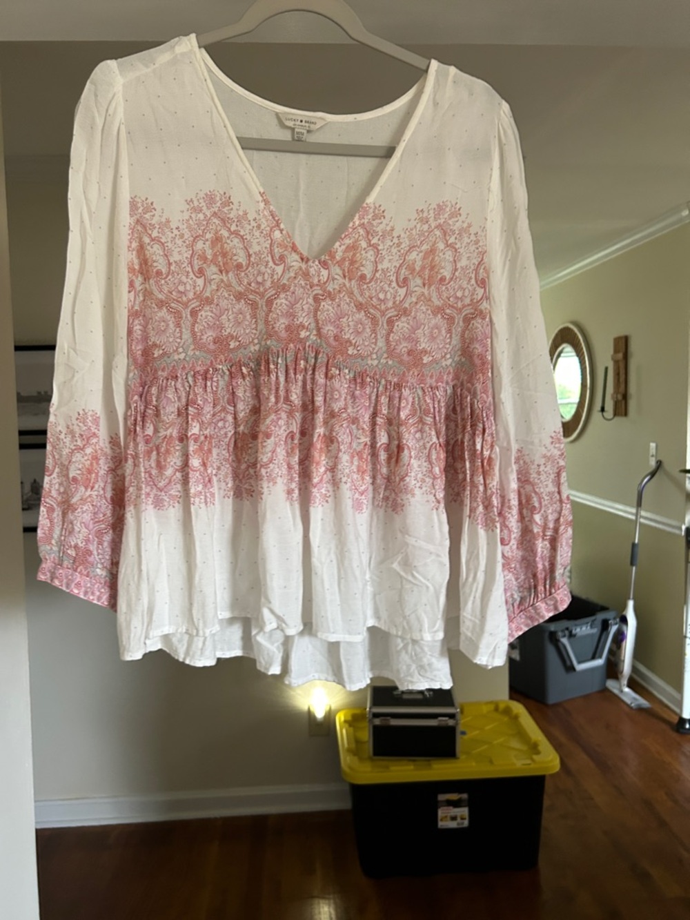 Lucky Brand White Peasant Blouse with Pink Paisley Print